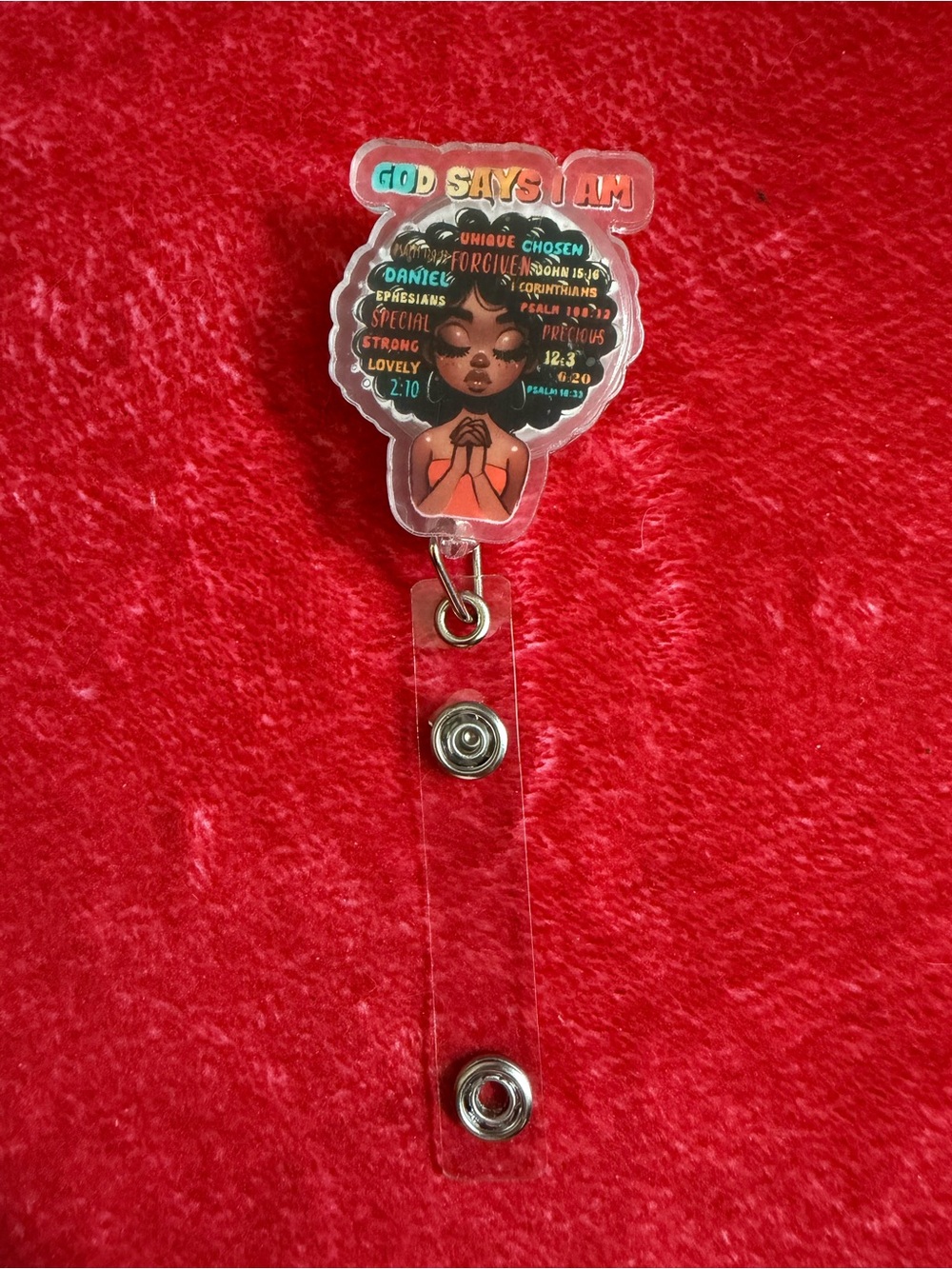 Acrylic 'God Says I Am' Retractable Badge Reel - Black & Red